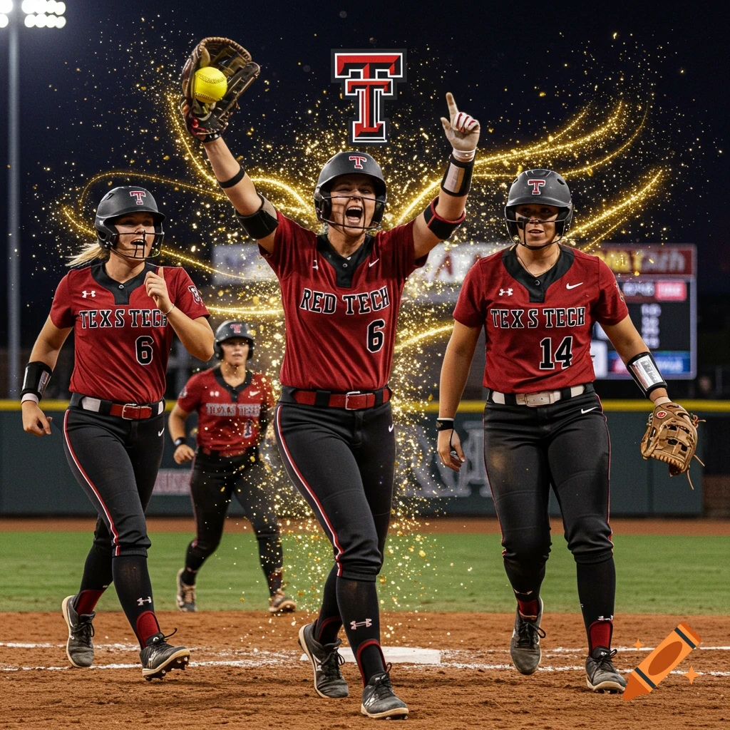 Female softball players in red uniforms celebrating on a field with gold sparks.