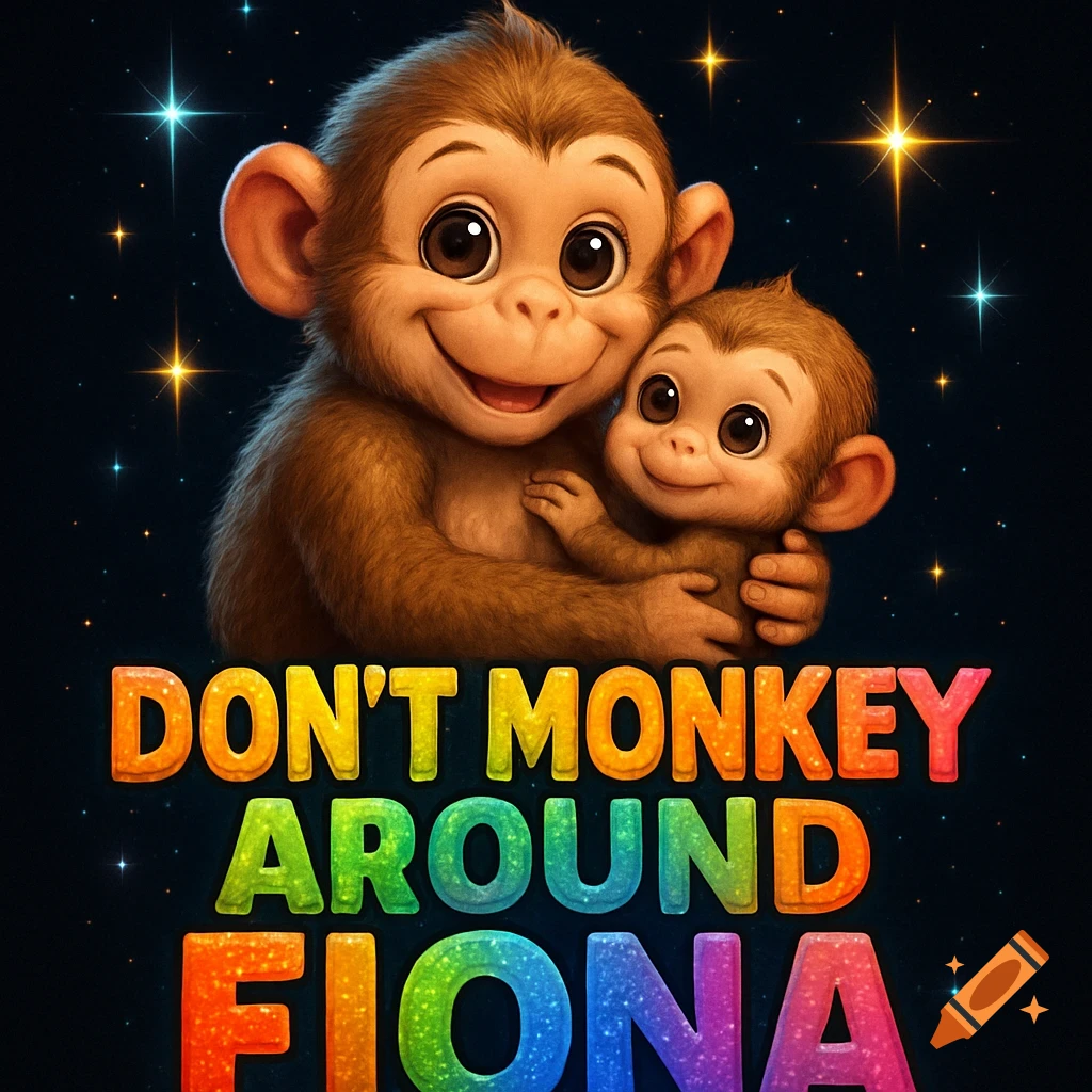 A cartoon monkey hugs a baby monkey above colorful text on a starry background.
