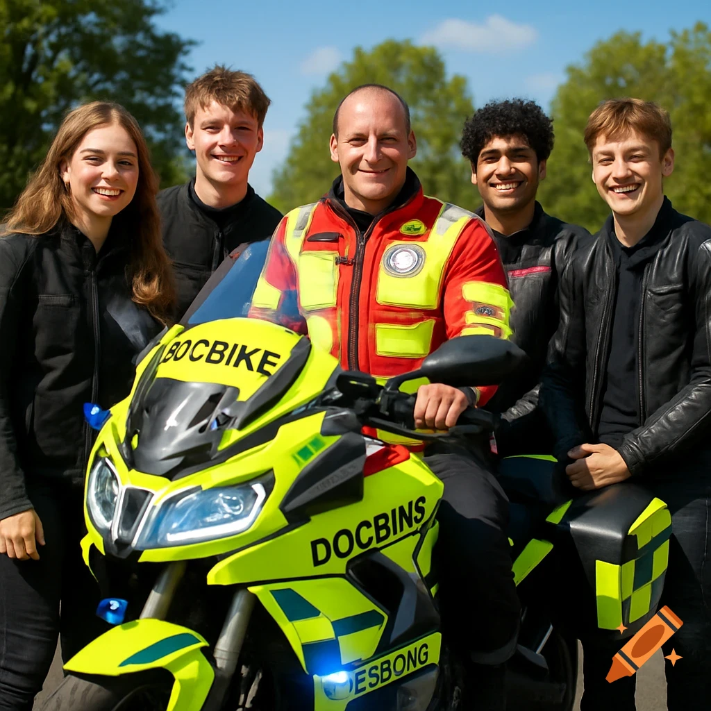 Group of smiling people gathered around a bright yellow DocBike motorcycle