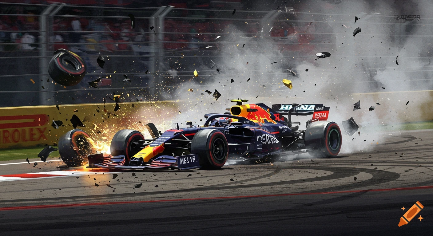 Red Bull Formula One car crashing on a track, sparks flying, debris exploding outwards, smoke trailing.