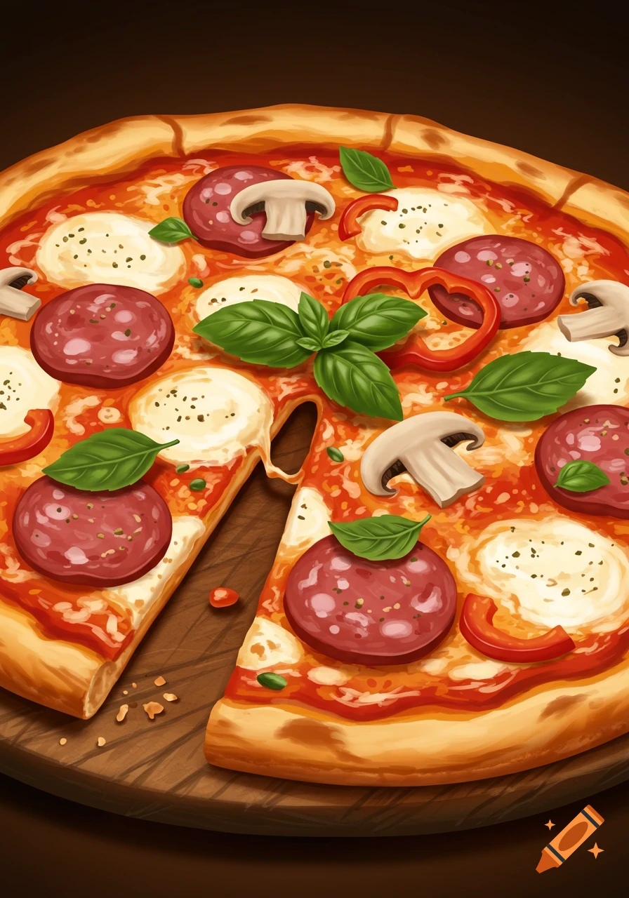 Illustrative style pizza with pepperoni, mushrooms, mozzarella, basil, and bell peppers on a wooden board.
