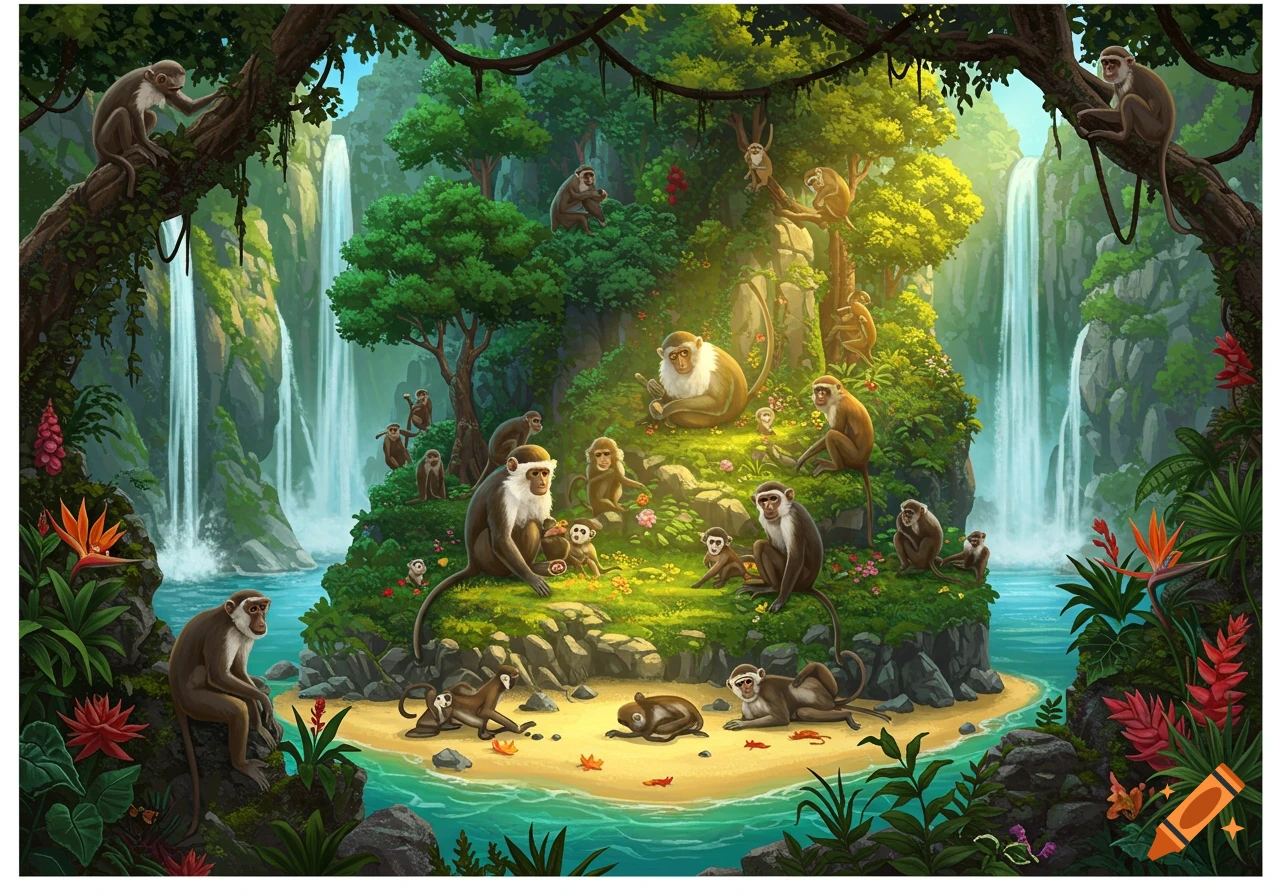 Monkeys on a rocky island in a jungle with waterfalls, illustration style