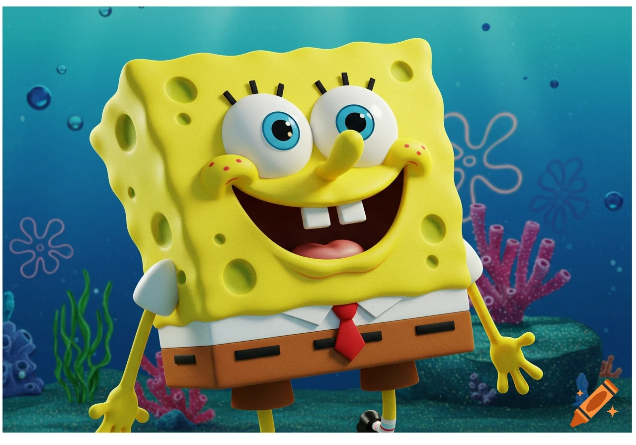 A 3D rendered Spongebob Squarepants smiling underwater.