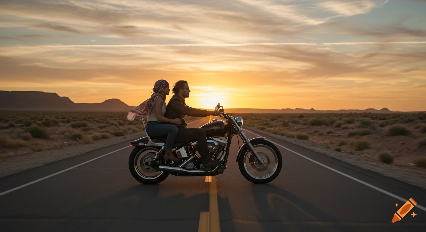 A couple rides a motorcycle down a desert highway at sunset in a cinematic style.