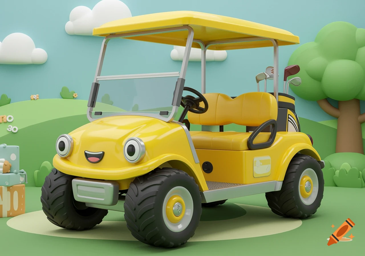 A cute animated yellow golf cart with a face in a bright, toy-like room setting with green hills and clouds.