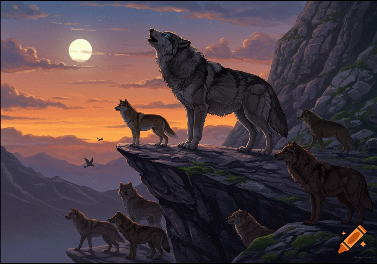 Digital painting of a pack of wolves on a cliff at sunset, the alpha howling at the moon.