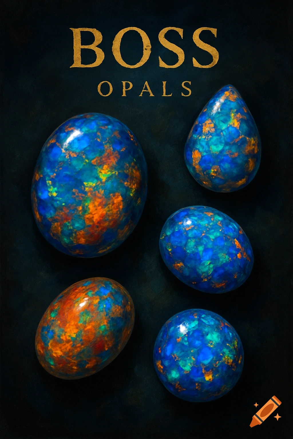 Several iridescent blue and orange opals of various shapes on a dark background, with the text BOSS OPALS above.