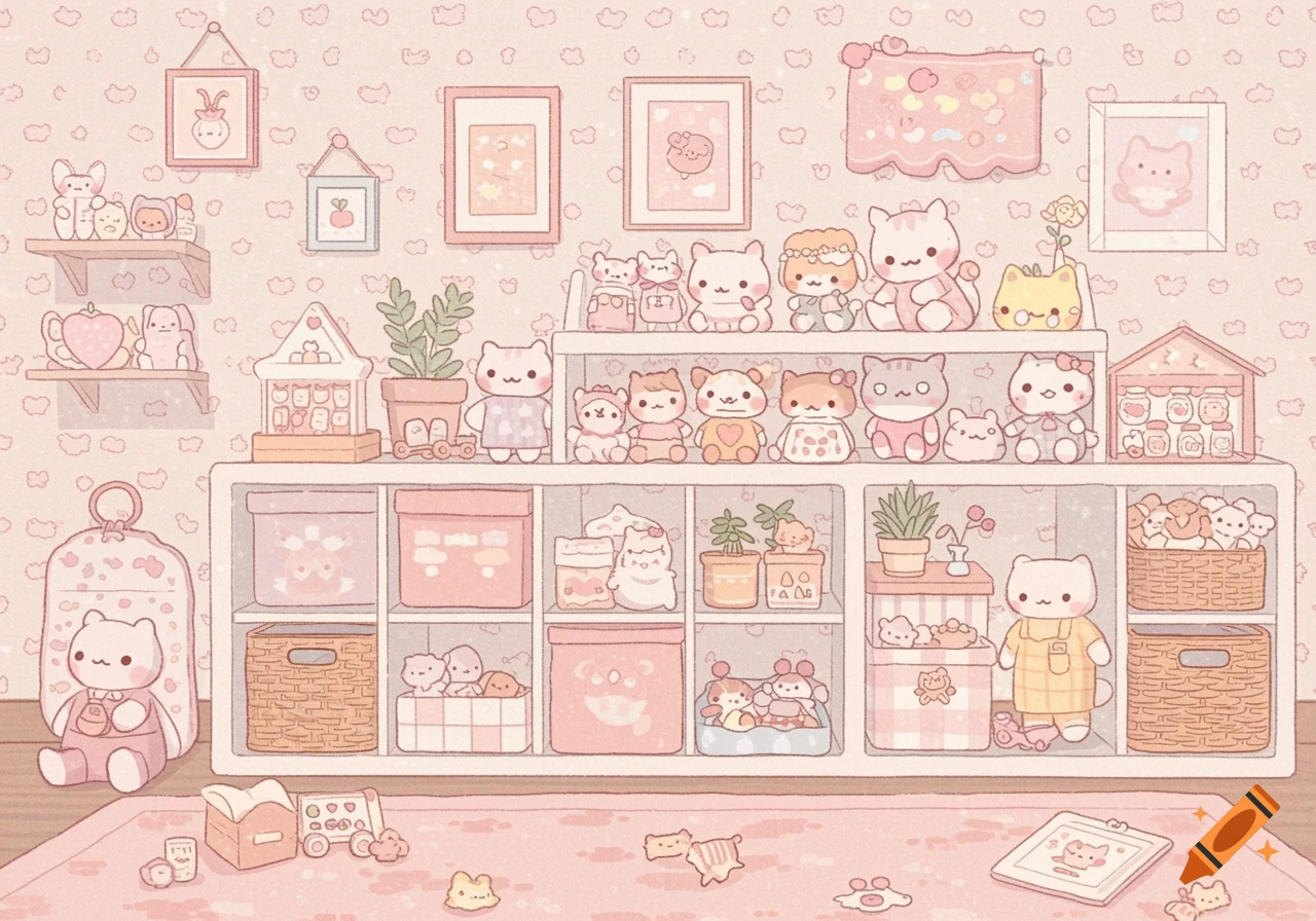 A cute pastel illustration of a playroom filled with shelves of plush toys and plants.