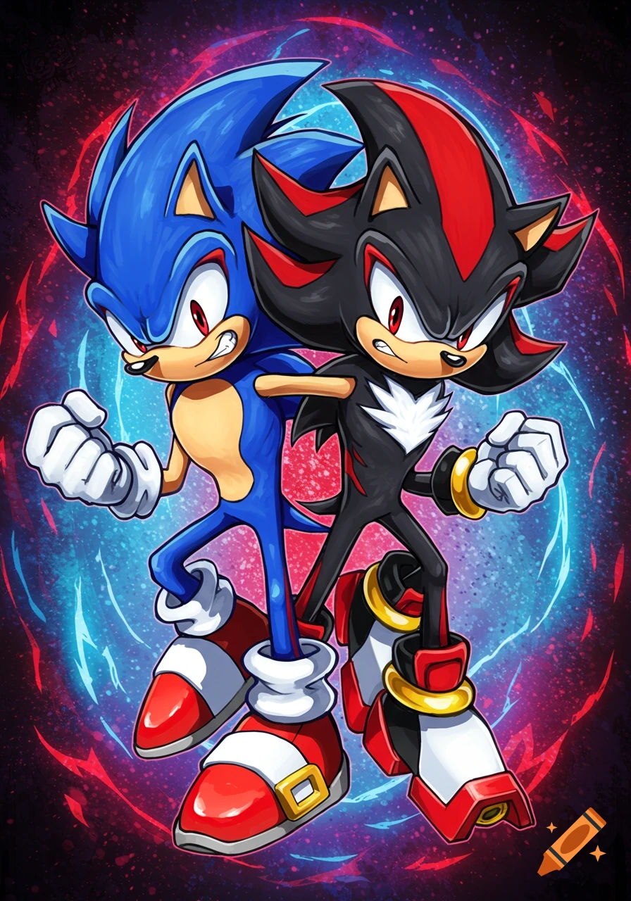 Sonic and Shadow standing back to back with fists clenched against a red and blue energy background.