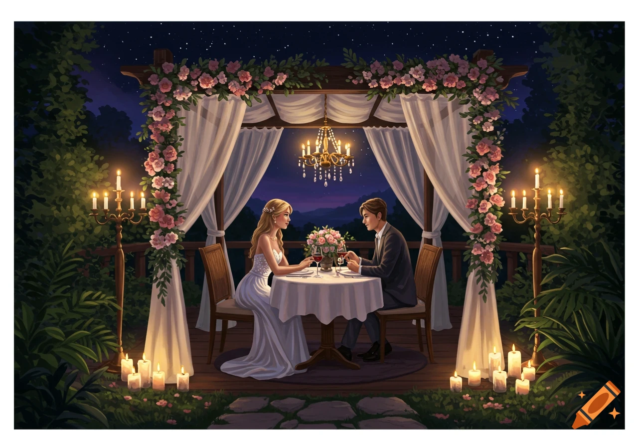 Illustration of a couple having a romantic candlelit dinner under a floral pergola at night.