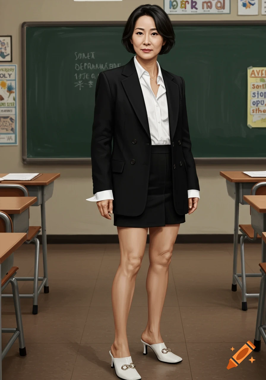 Realistic portrait of a middle-aged Asian woman teacher in a classroom, wearing a black blazer, white shirt, short skirt, and white mules.