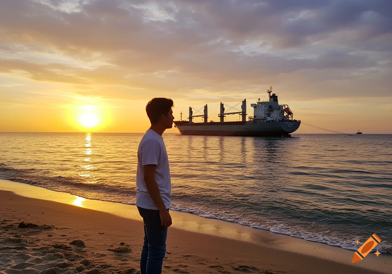 Man on beach watching a ship at sunset.