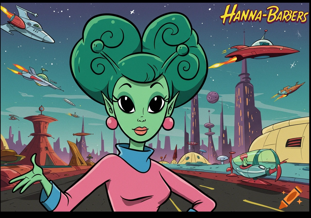Cartoon alien woman in a futuristic city with spaceships, Hanna-Barbera style