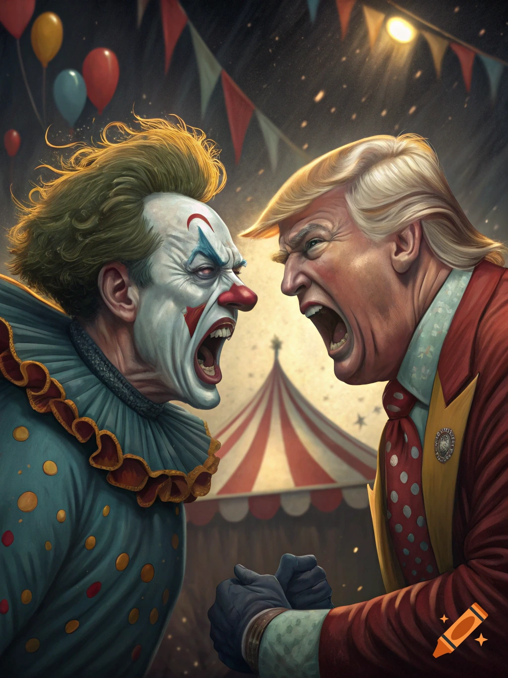 A caricature of a clown and Donald Trump yelling at each other in a circus tent.