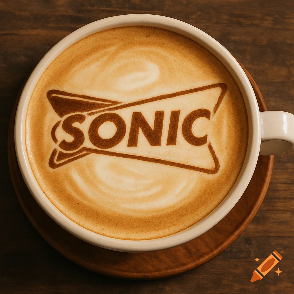 Latte art of the Sonic Drive-In logo on coffee.