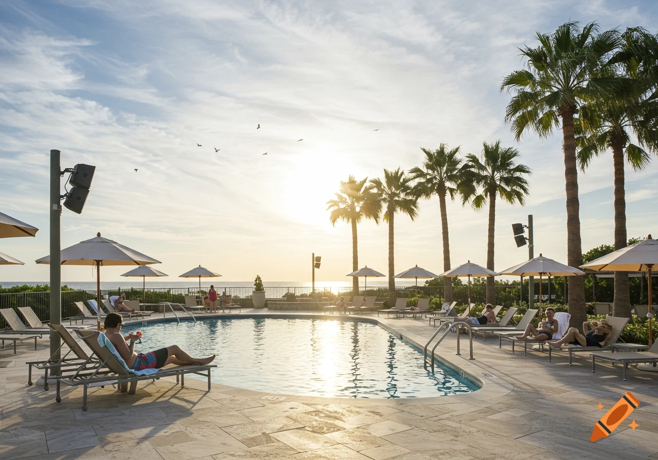 Pool deck with people lounging by the pool with palm trees at sunset