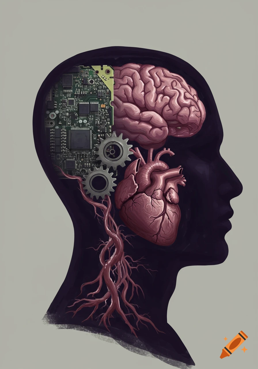 Side profile silhouette of a head showing a circuit board and gears on the left, and a brain and heart on the right.