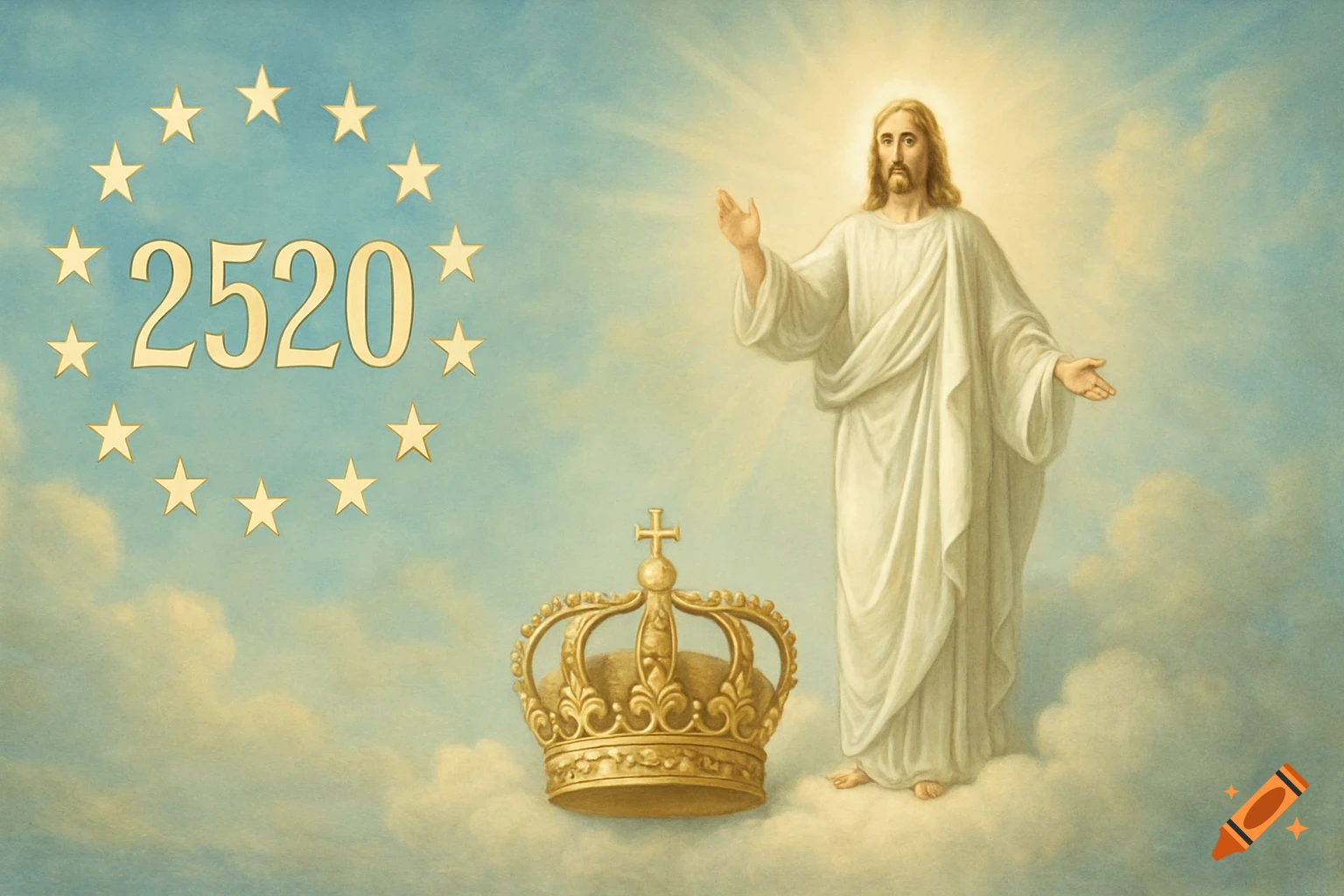 Jesus standing on clouds with a golden crown and the number 2520 in a circle of stars in the sky, painting style.