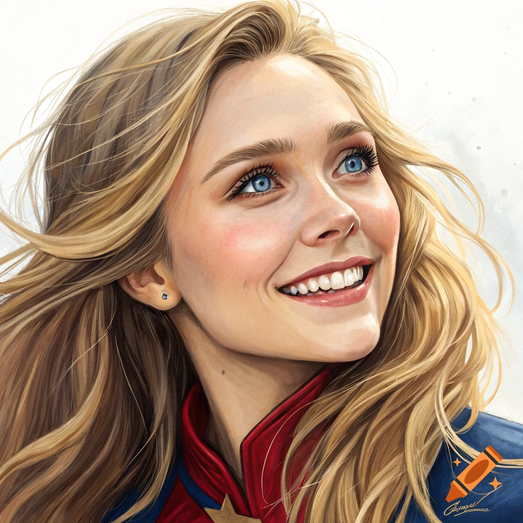 Painterly portrait of a woman resembling Captain Marvel smiling and looking up.