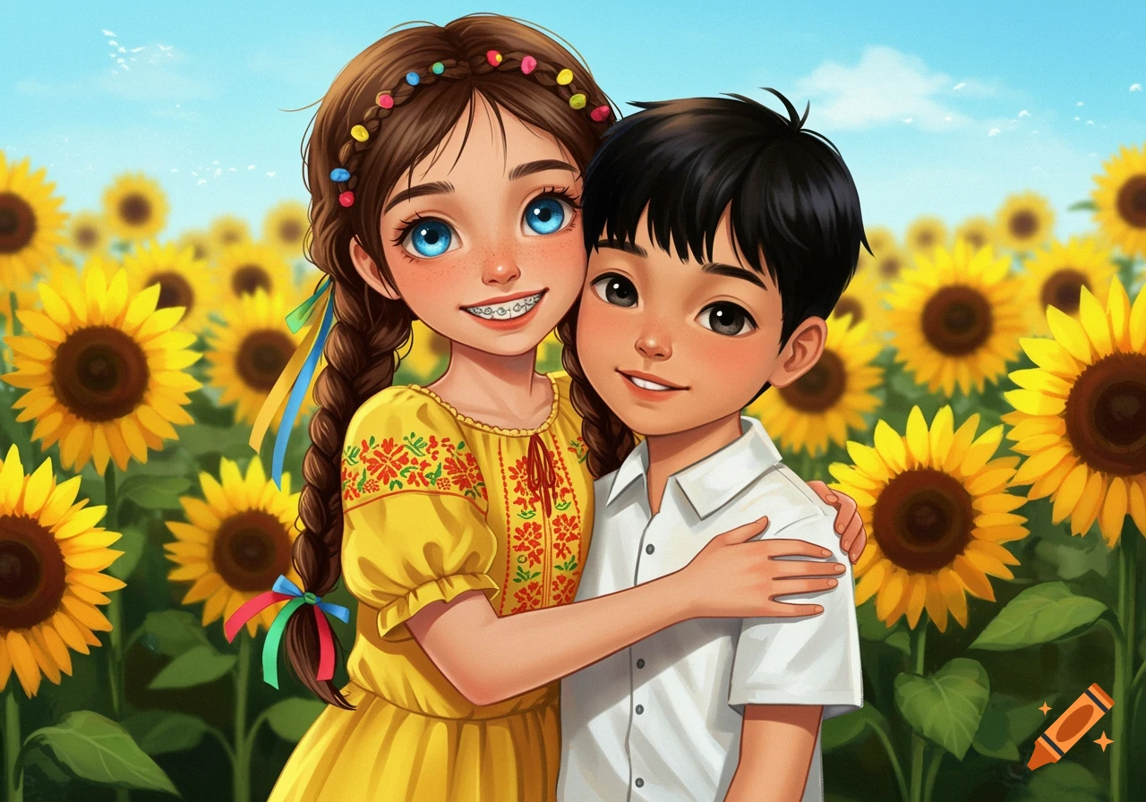 A Ukrainian girl and a Vietnamese boy hugging in a sunflower field, illustration.