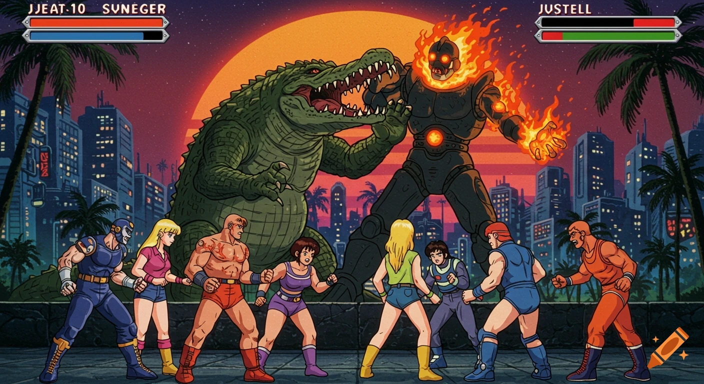 Vintage anime fighting game screenshot with wrestlers, a giant alligator kaiju, and a fire robot.