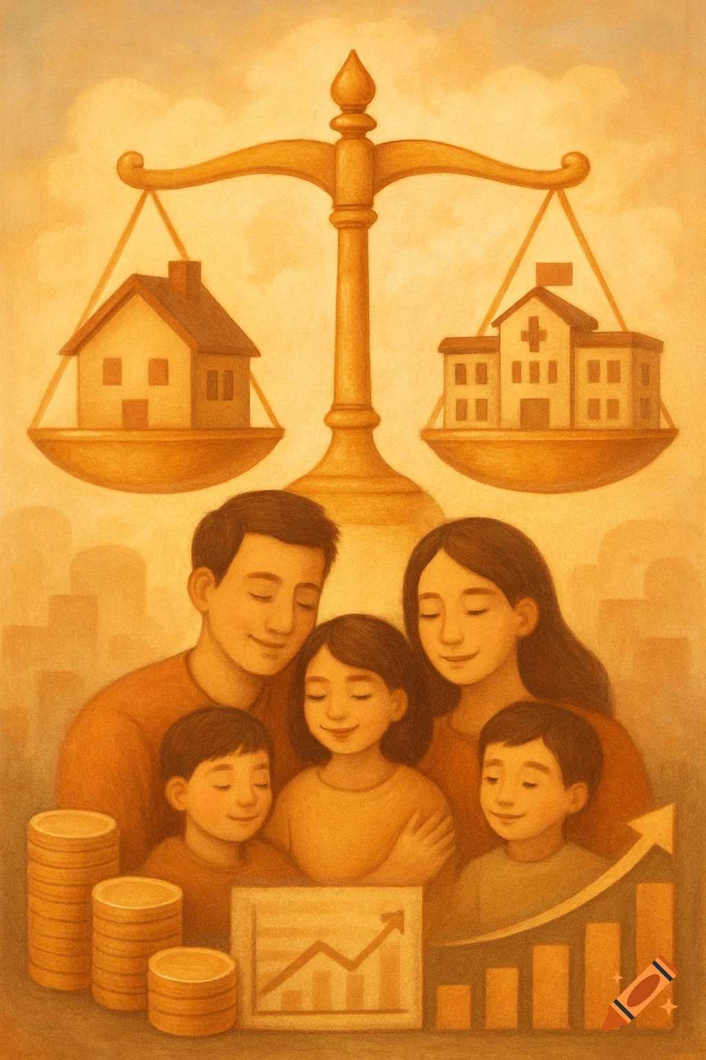 Illustration of family below scales weighing house vs hospital, with coins and charts.