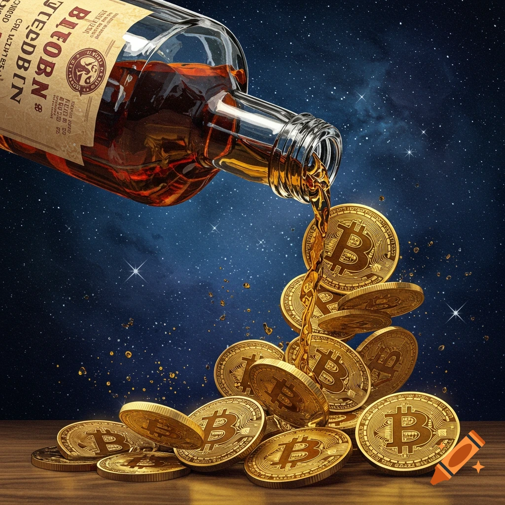 A bottle of whiskey pouring golden liquid onto a pile of bitcoin coins against a starry blue background.