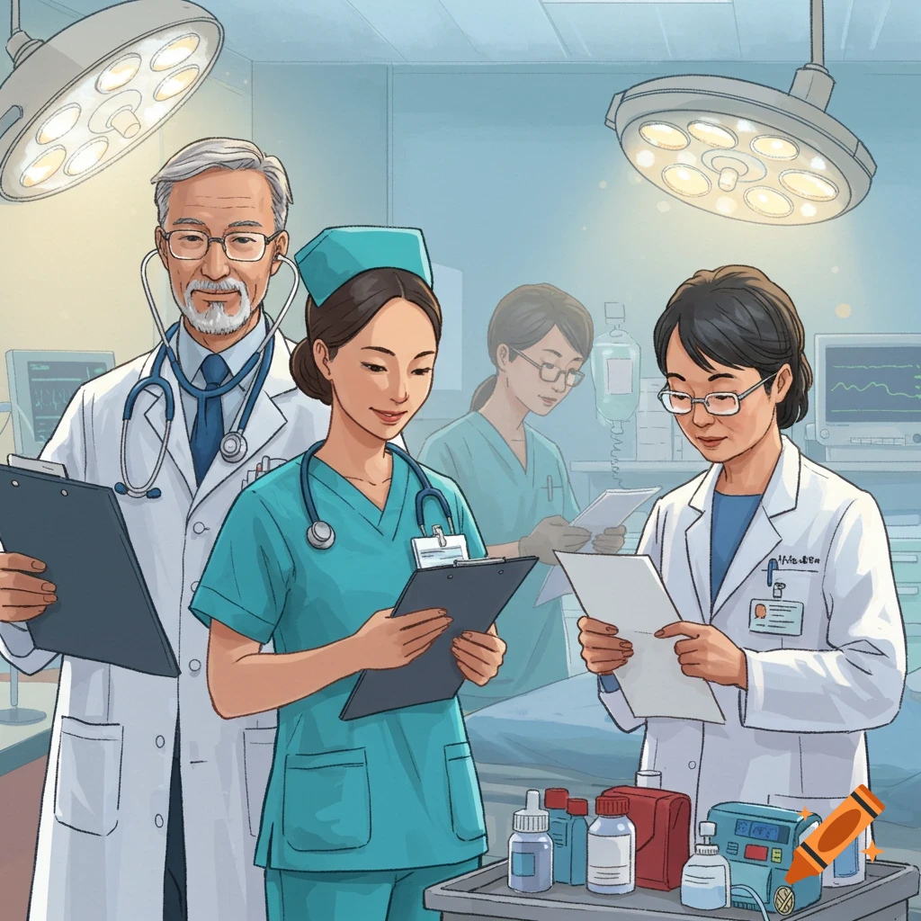 Illustration of three healthcare professionals in an operating room.