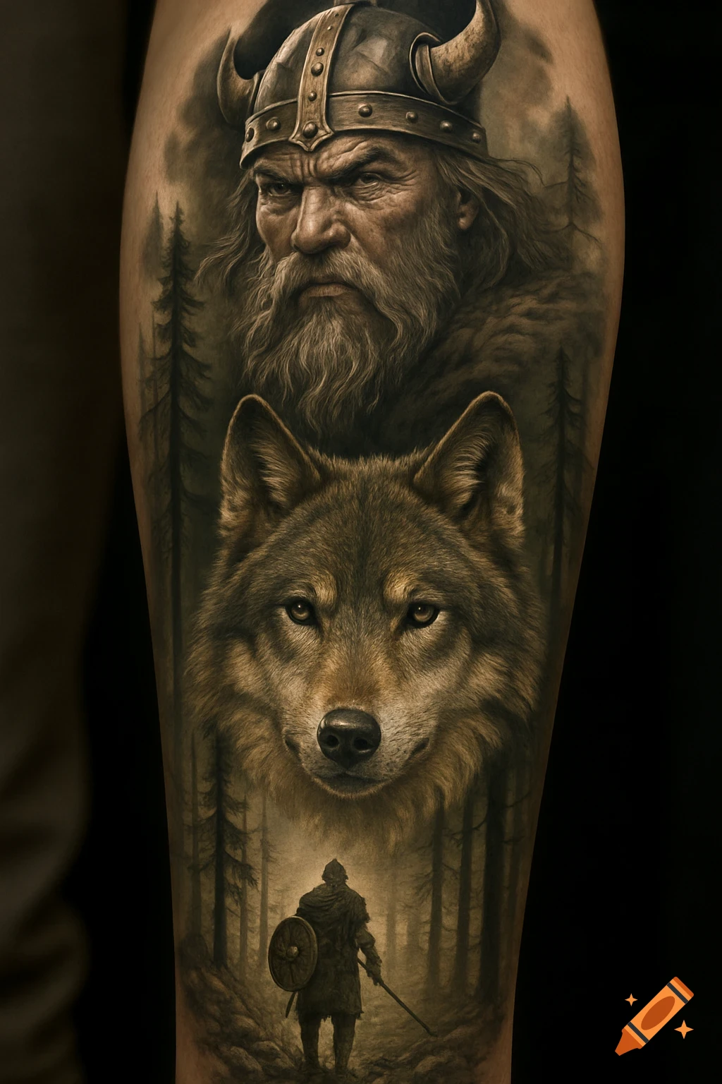 Detailed tattoo art featuring a viking head, a wolf head, and a warrior in a forest.
