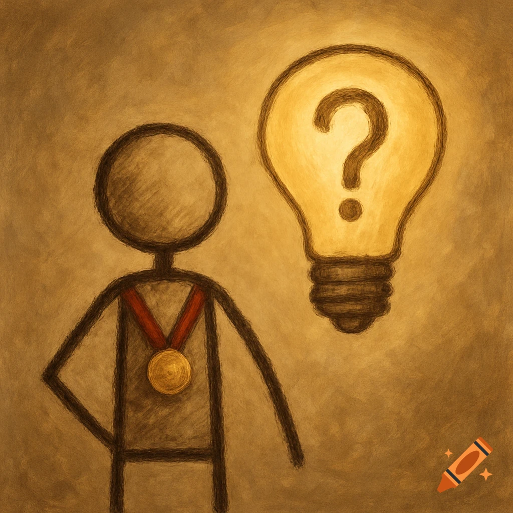 A stick figure person with a medal on their chest stands next to a lightbulb with a question mark inside, in a sketched style.