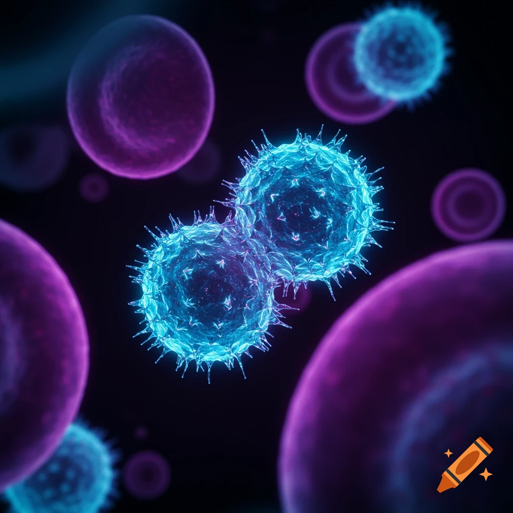 Microscopic view of futuristic blue spiky cells and larger purple cells.