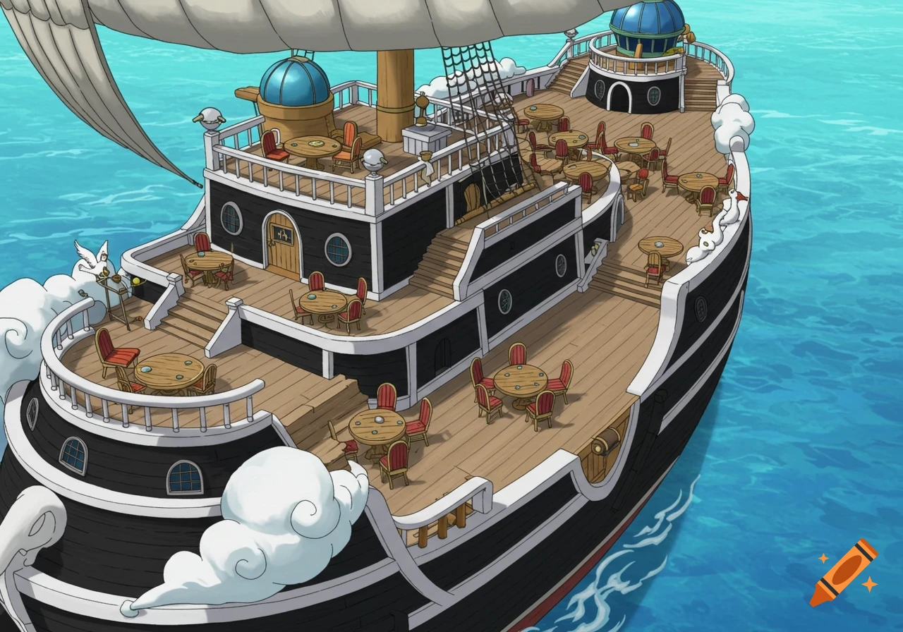 Anime style fantasy ship with multiple decks, tables, chairs, and an observatory on the ocean.