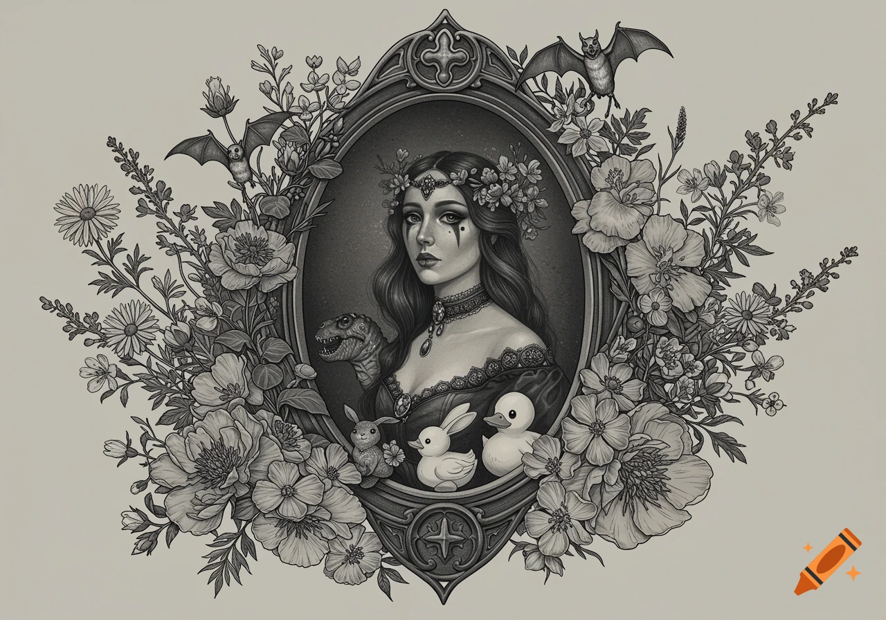 Black and grey gothic portrait of a woman in a floral frame with cartoon animals, in a tattoo style.