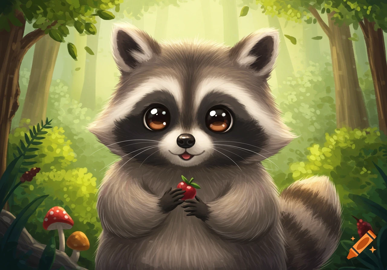 Cute cartoon raccoon holding a berry in a forest clearing.