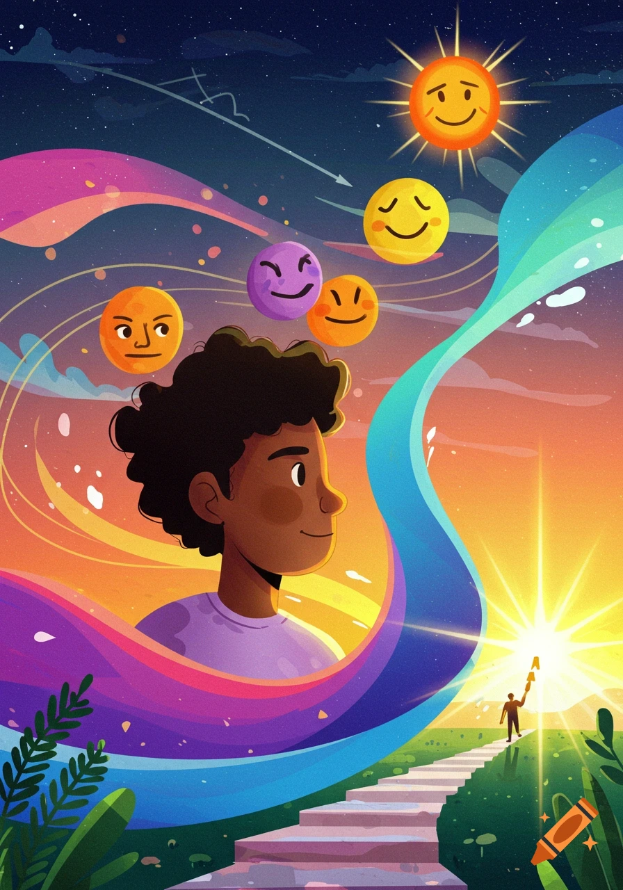 Illustration of a person with floating emotion emojis, looking up at stairs leading to a bright sun where another figure stands.