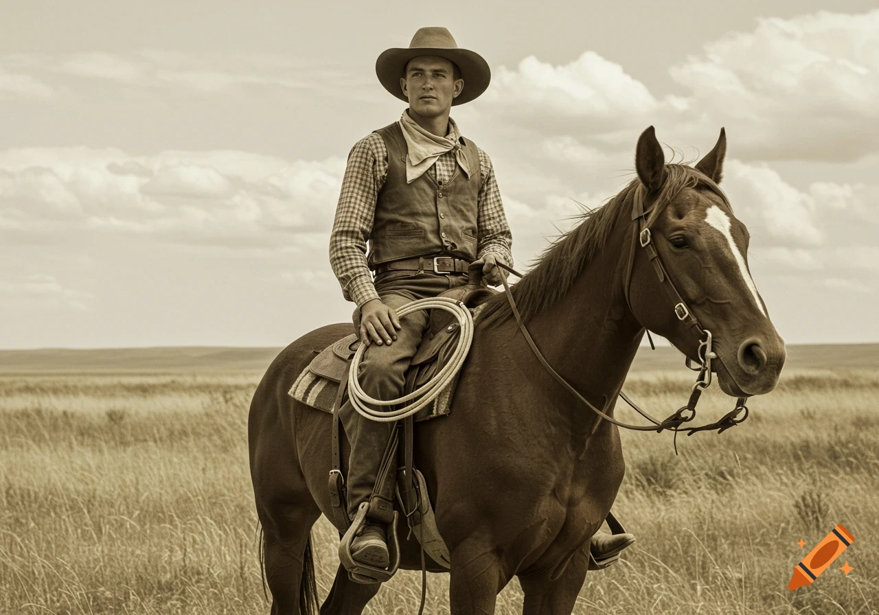 Sepia-toned photo of a young cowboy on a horse in a prairie field.