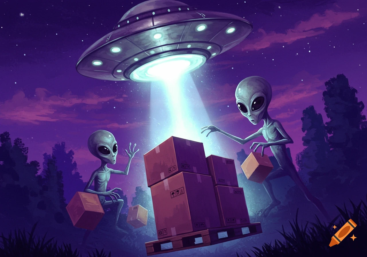 Stylized illustration of aliens and a UFO abducting boxes at night.