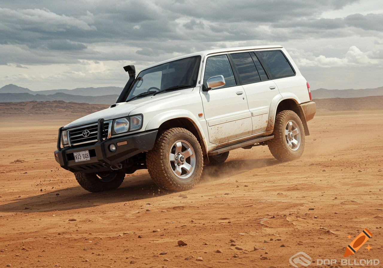 A white SUV drives through a dusty desert landscape under cloudy sky.