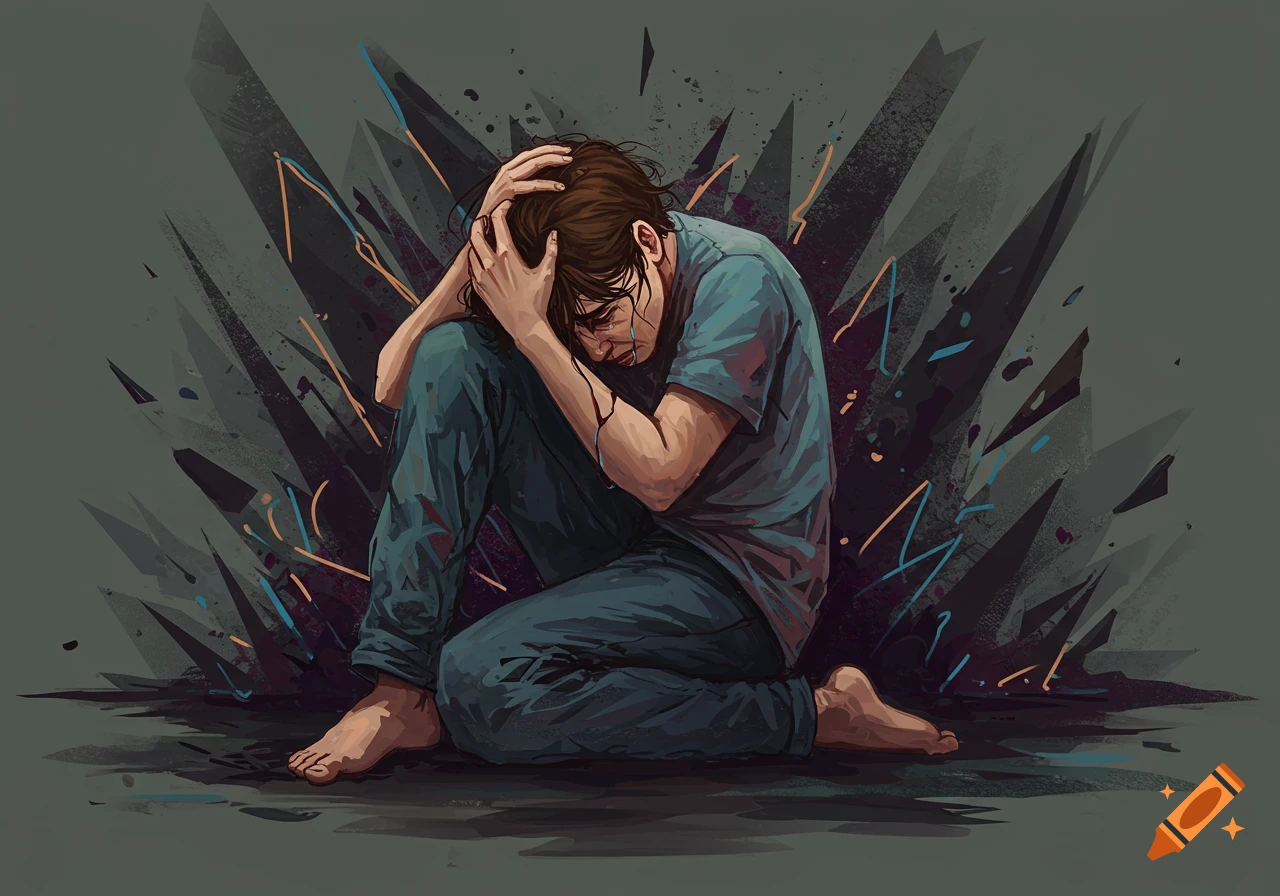 Illustration of a person sitting, holding their head, depicting emotional distress with dark shapes.