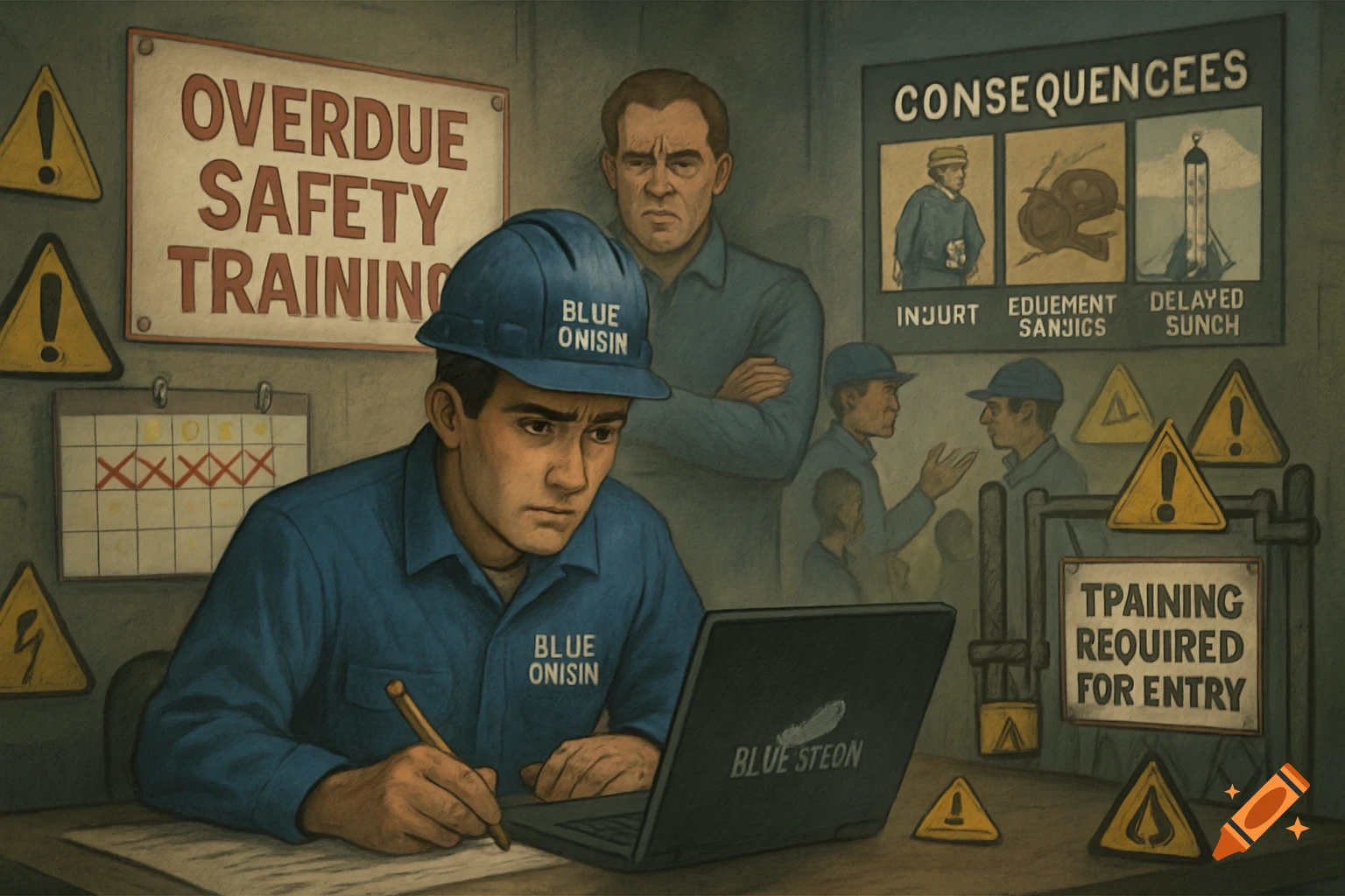 Illustration of a worker doing overdue safety training, with signs about consequences and a supervisor watching.