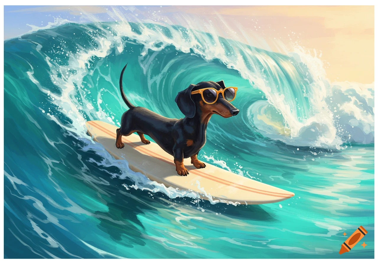 A black dachshund wearing sunglasses surfs on a large wave in an illustration style.