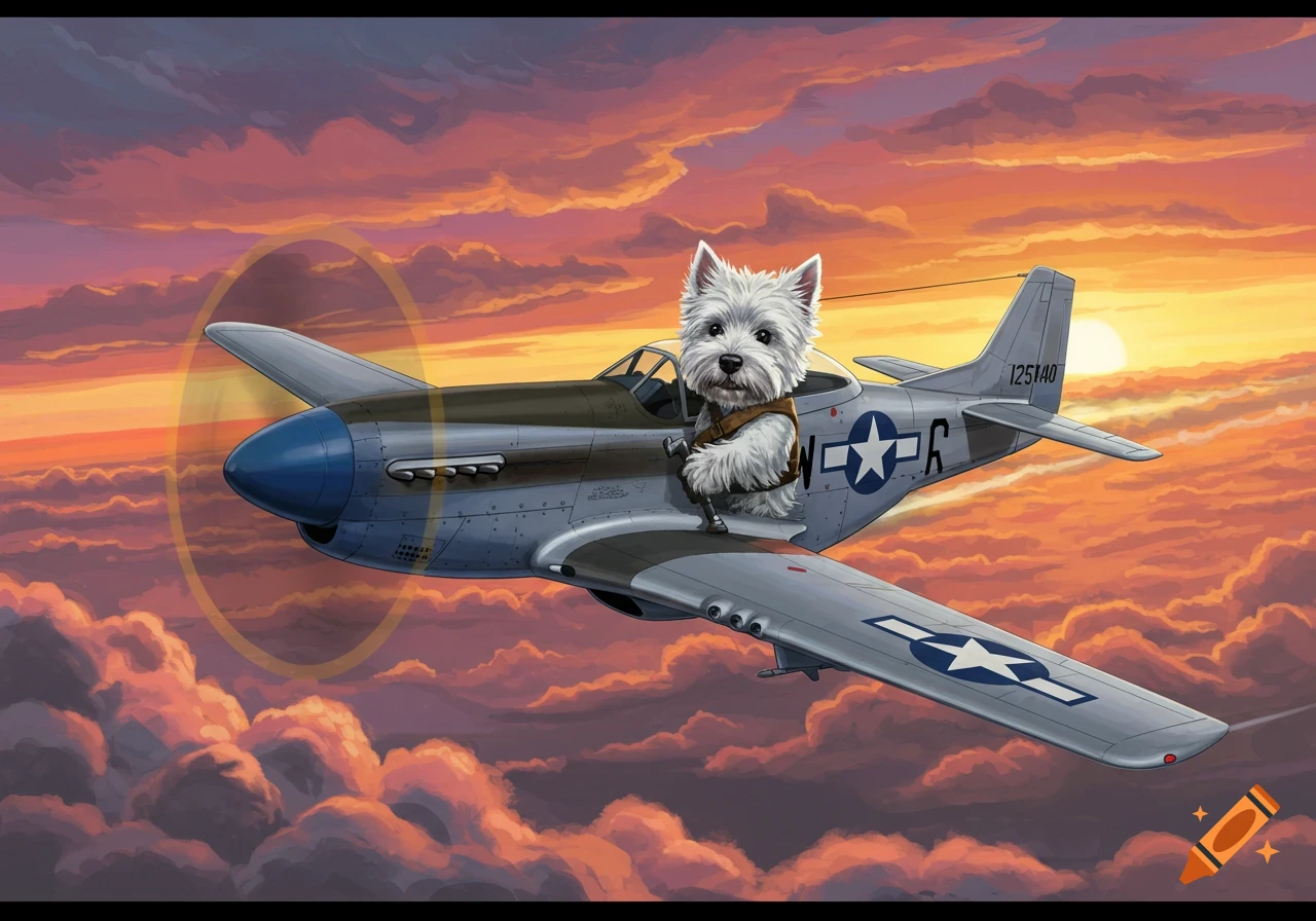 Illustration of a Westie dog flying a P-51 Mustang airplane at sunset.