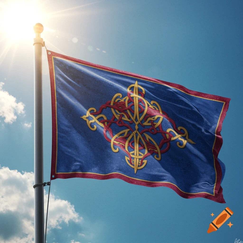 A blue flag with a red and gold intricate symbol design flies against a sunny blue sky.