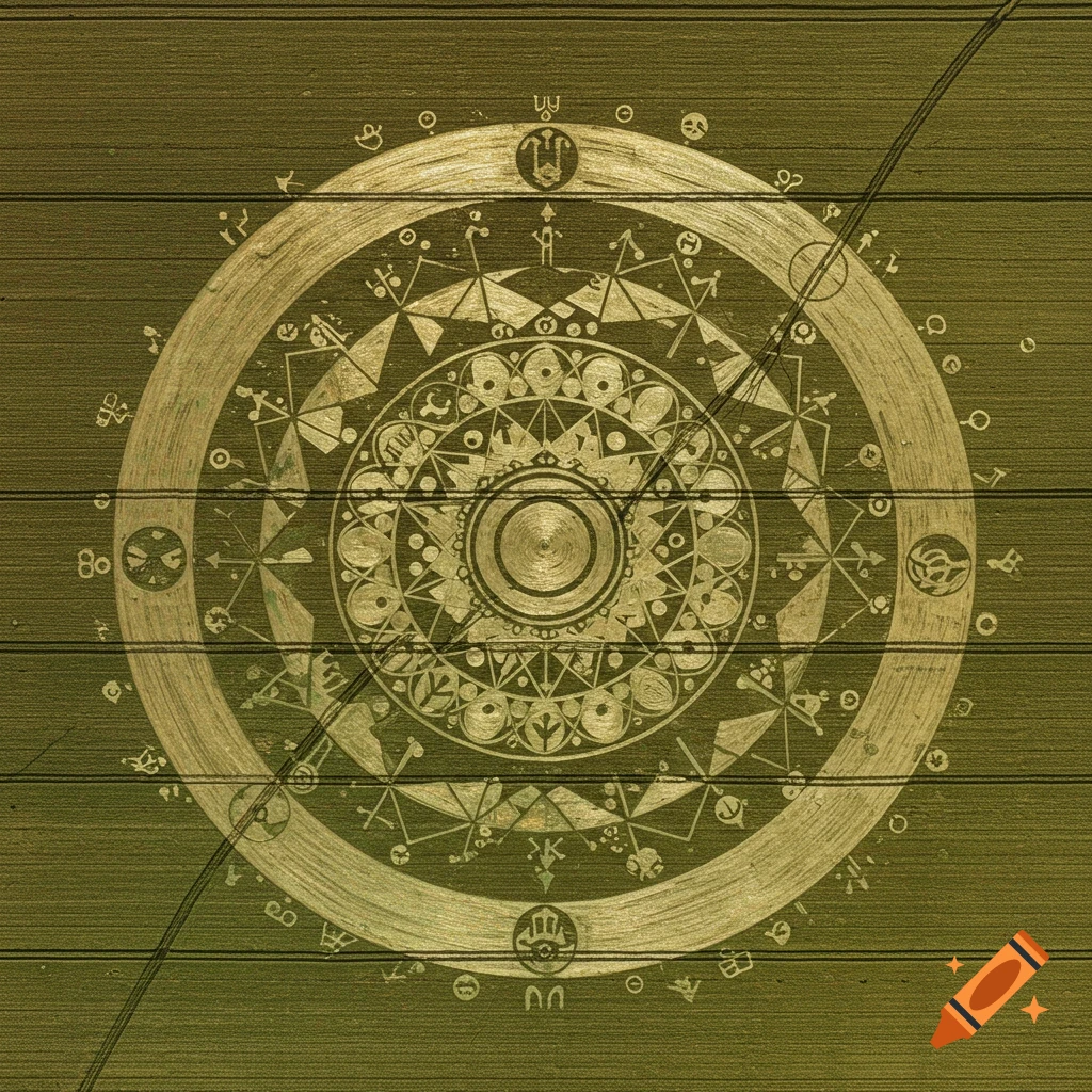 Aerial view of a large, intricate metallic crop circle pattern in a field.