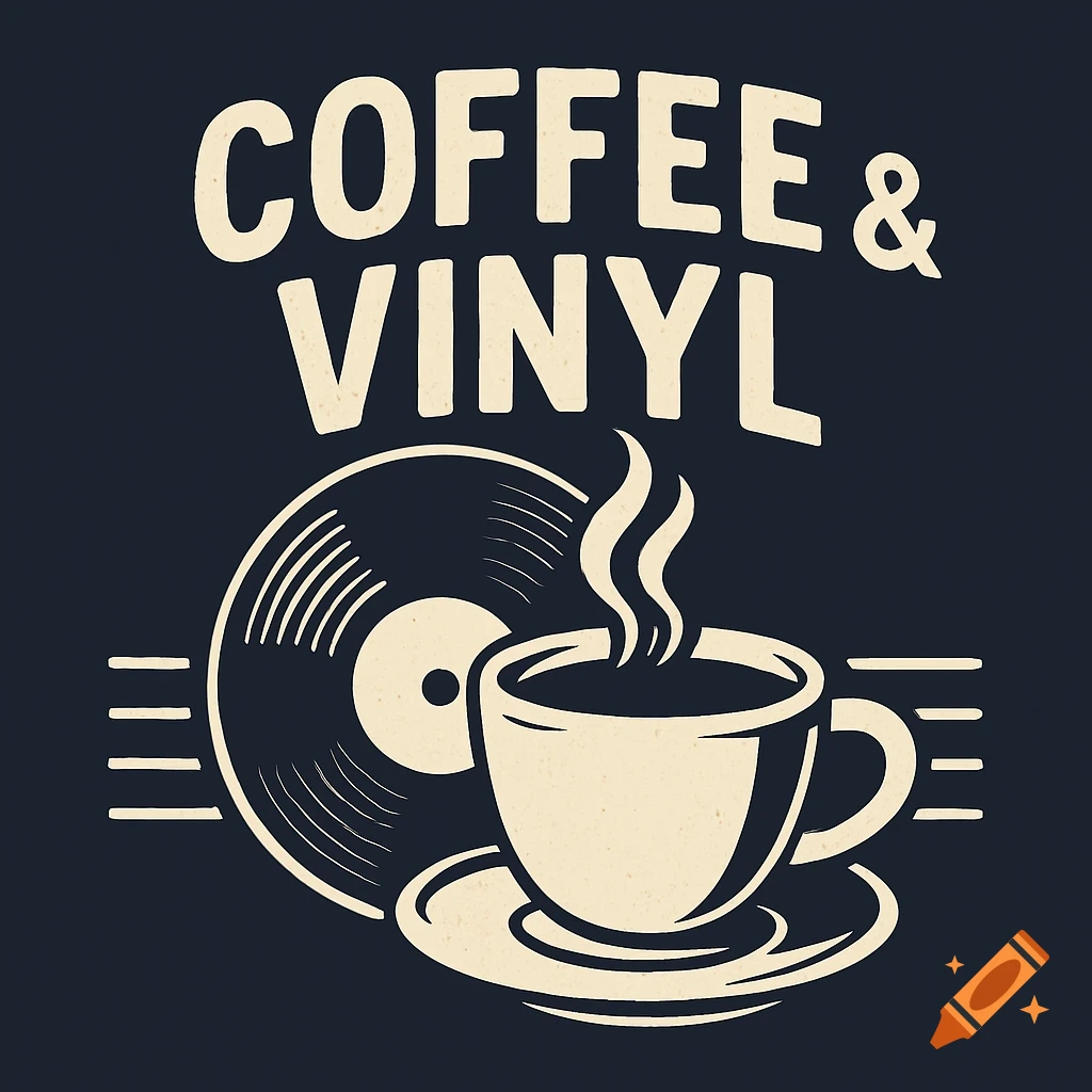 Vintage illustration of a coffee cup and vinyl record with text 'COFFEE & VINYL'.
