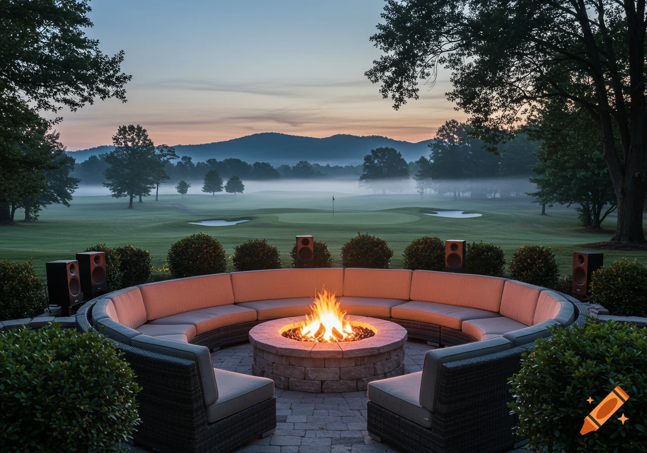 Fire pit area overlooking a foggy golf course and mountains at dawn.