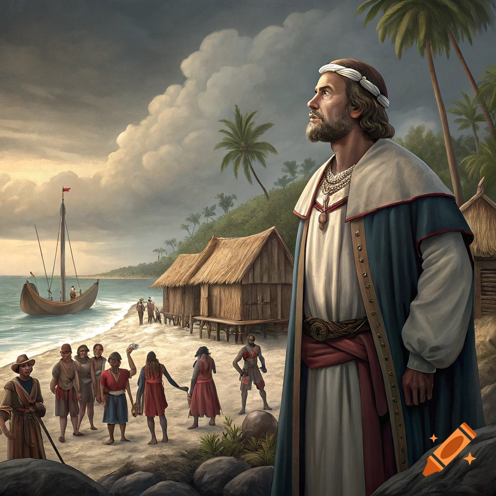 Painting of Christopher Columbus on a tropical beach with native people, huts, and a ship in the background
