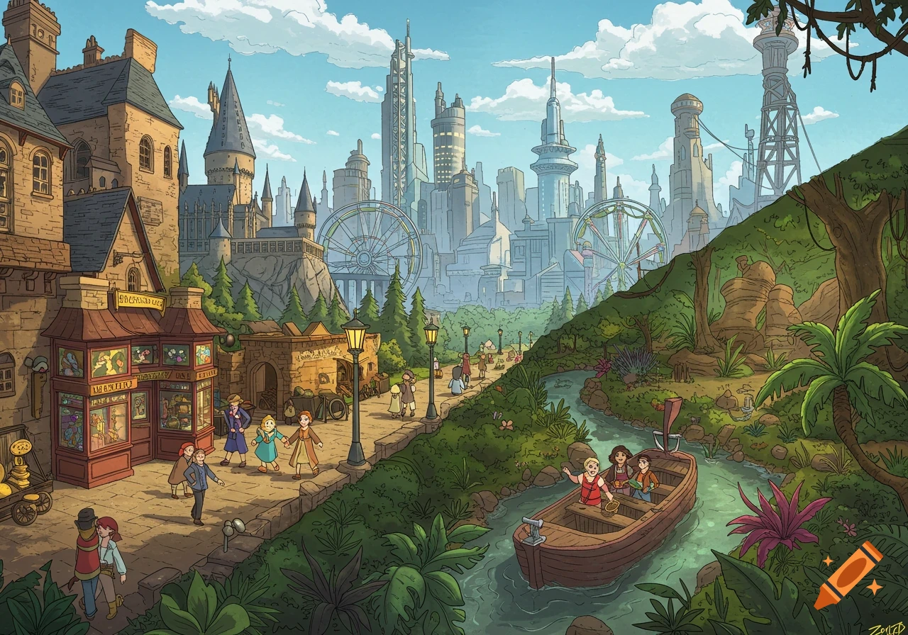 Cartoon fantasy theme park with a castle, futuristic city, river, and people.