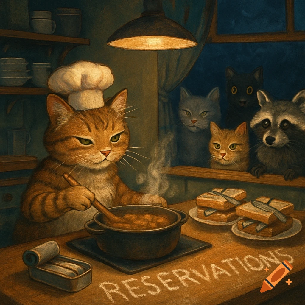 A cat chef cooks while other animals watch; 'RESERVATIONS' is written on the table.