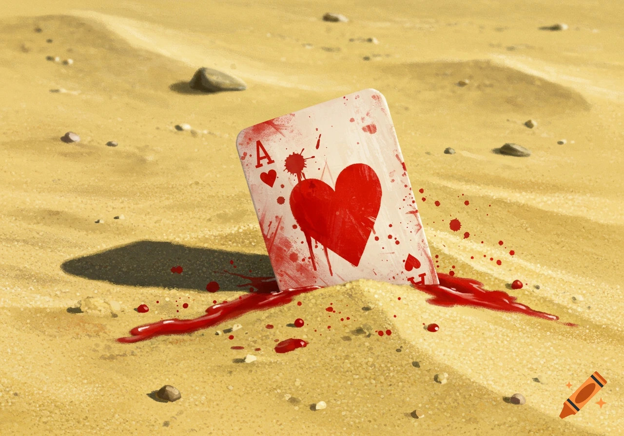 Illustration of a bloody Ace of Hearts playing card stuck in the sand.